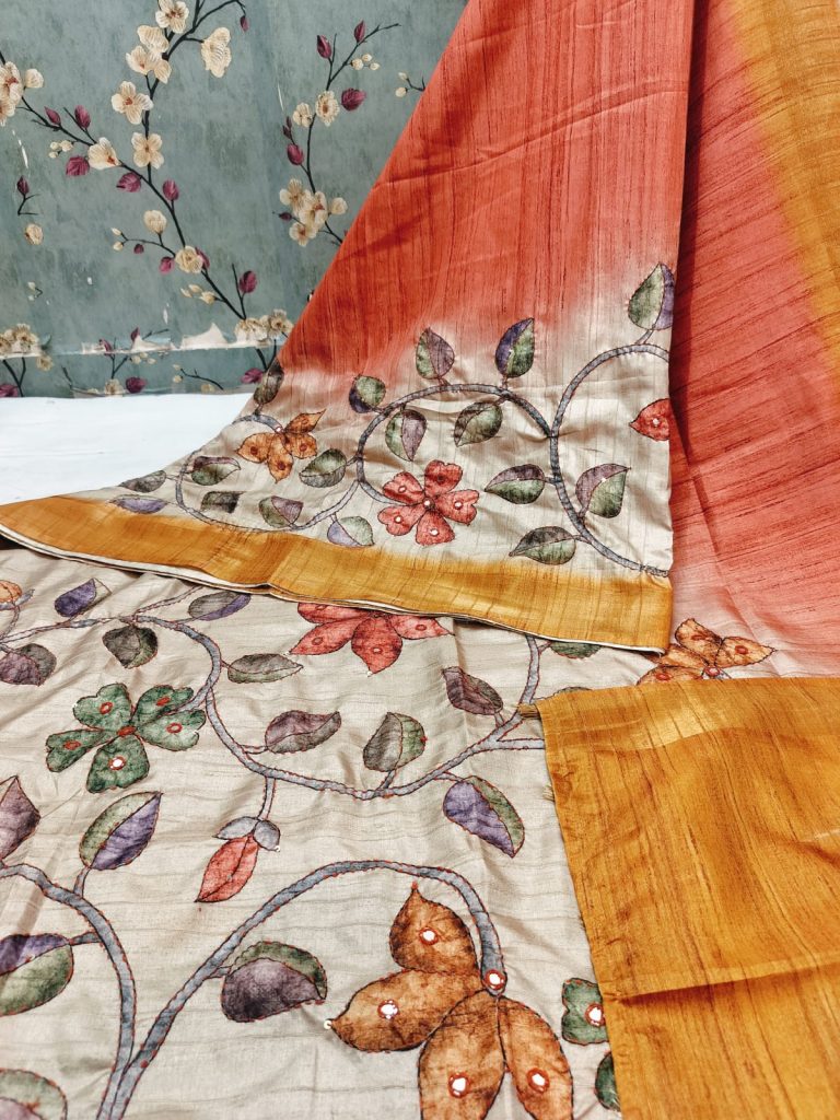 Beautiful Tussar Embroidery Mirror Work Saree with attached BP