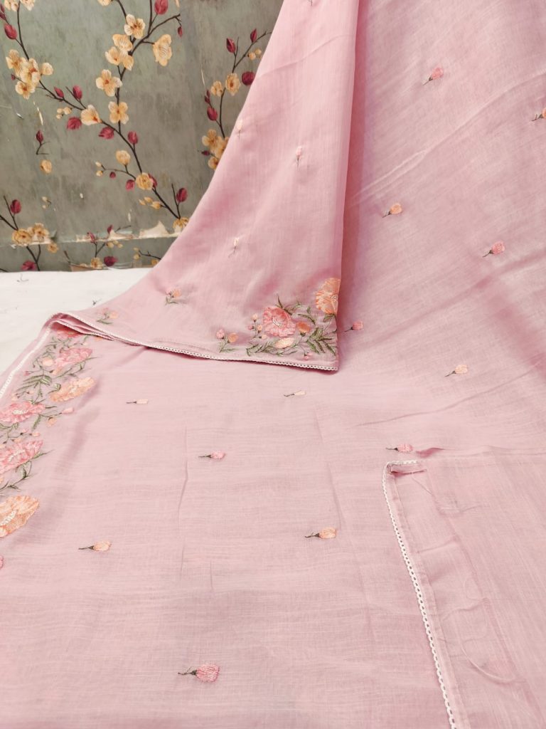 Exclusive Linen Cotton Embroidery On Full Saree with attached BP