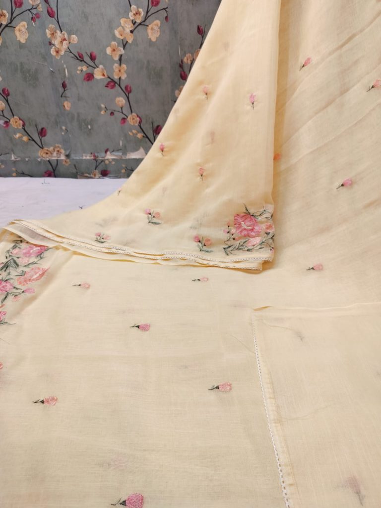Exclusive Linen Cotton Embroidery On Full Saree with attached BP