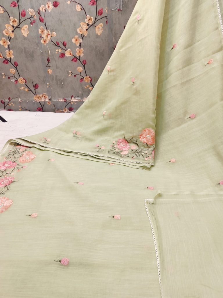 Exclusive Linen Cotton Embroidery On Full Saree with attached BP