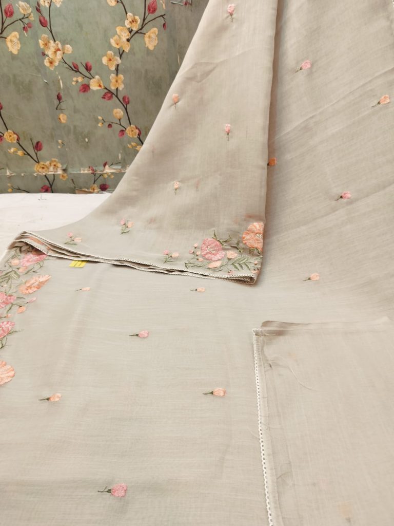 Exclusive Linen Cotton Embroidery On Full Saree with attached BP