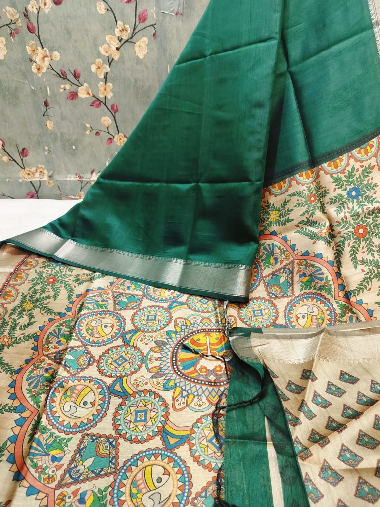 Beautiful Soft Tussar Madhubani Print Saree with Elegance Border & attached BP