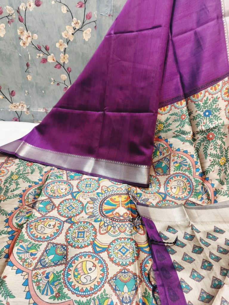 Beautiful Soft Tussar Madhubani Print Saree with Elegance Border & attached BP