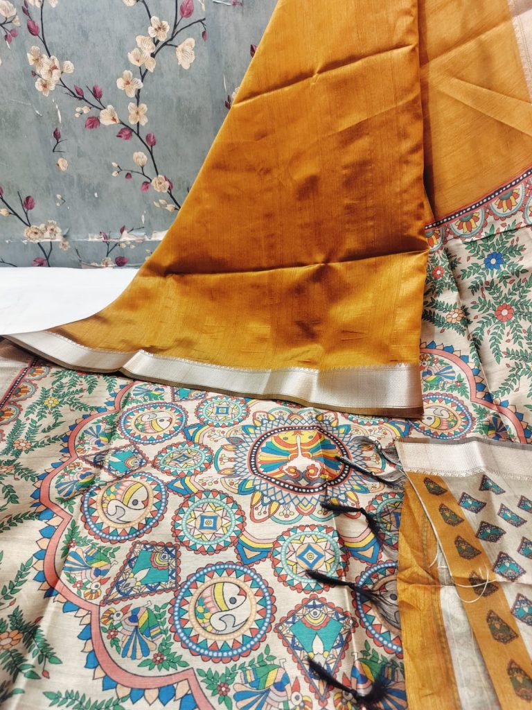 Beautiful Soft Tussar Madhubani Print Saree with Elegance Border & attached BP