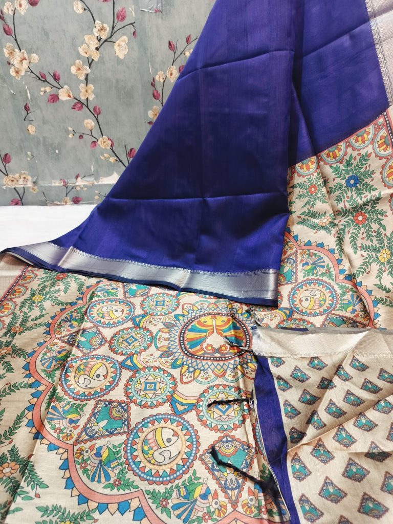Beautiful Soft Tussar Madhubani Print Saree with Elegance Border & attached BP