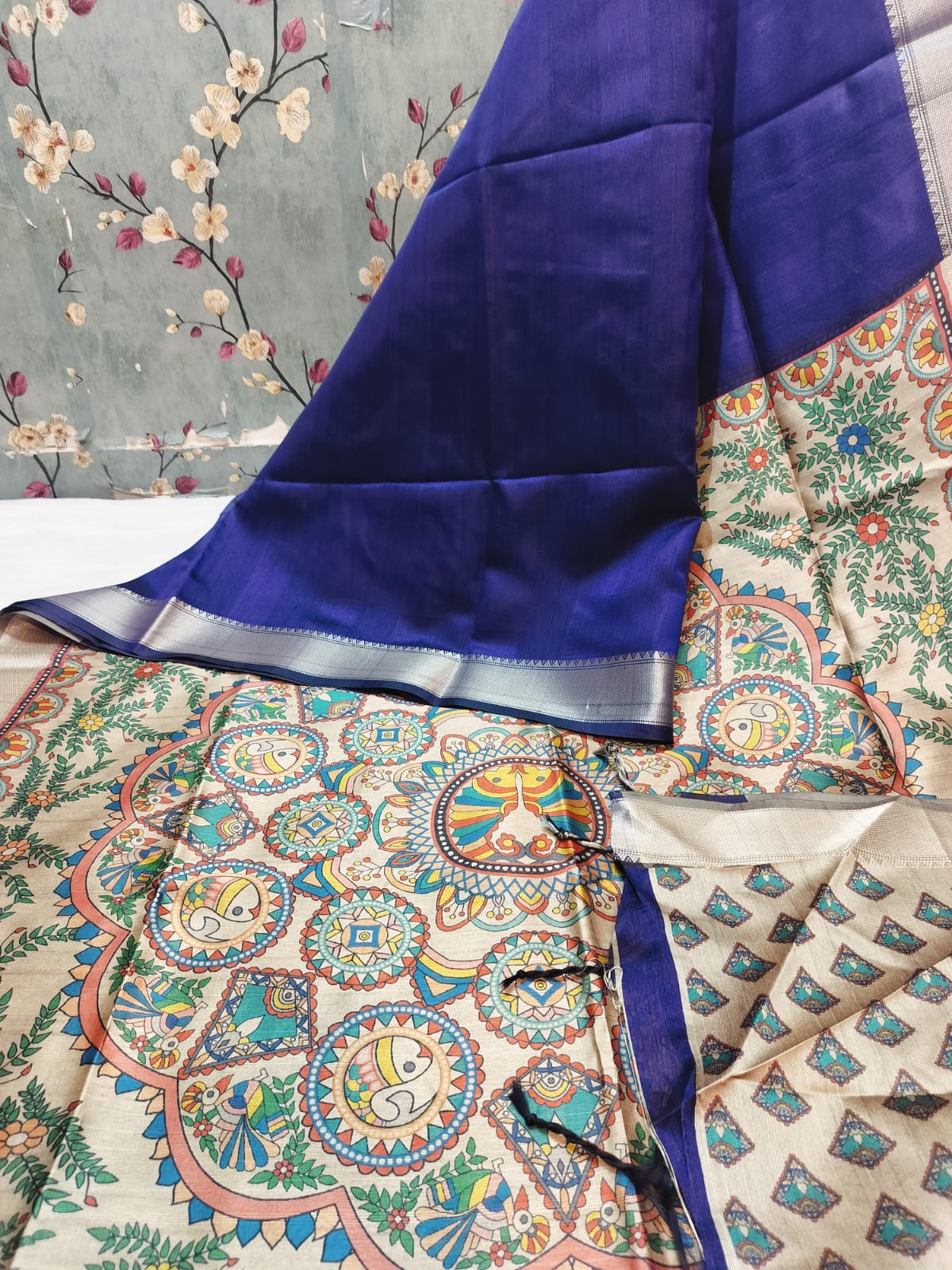 Beautiful Soft Tussar Madhubani Print Saree with Elegance Border & attached BP