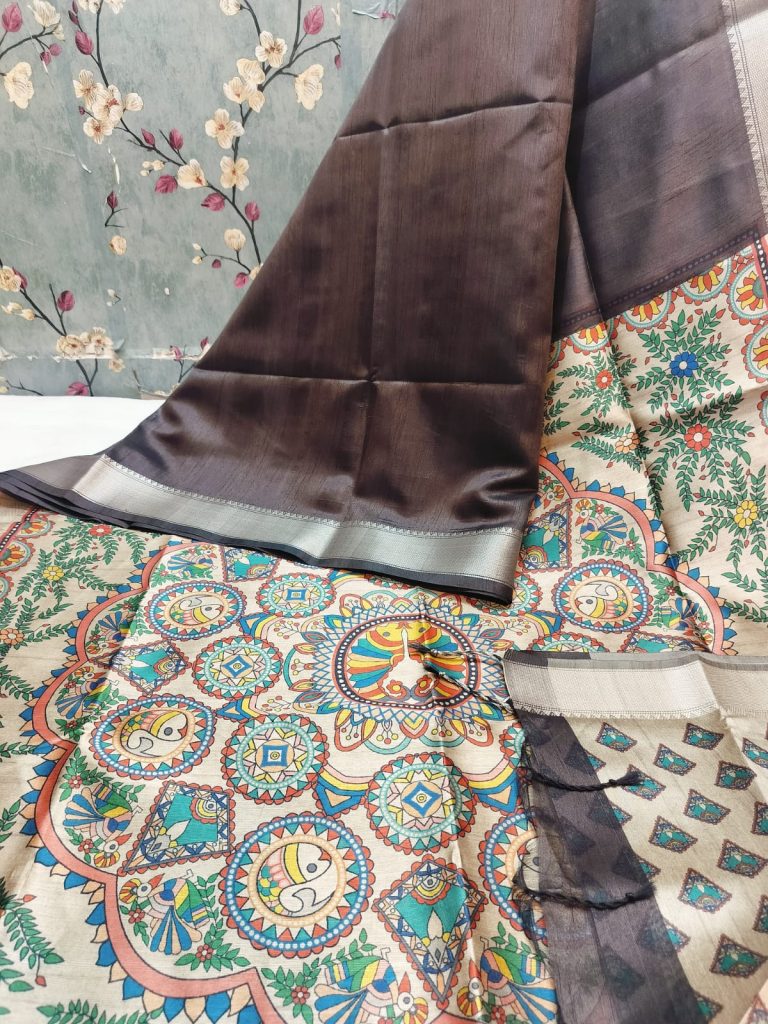 Beautiful Soft Tussar Madhubani Print Saree with Elegance Border & attached BP