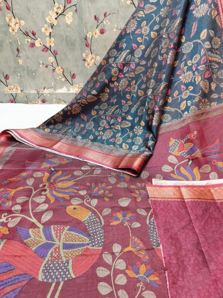 Beautiful Super  Dolla Silk Kalamkari Print & Zari Border Saree with attached BP