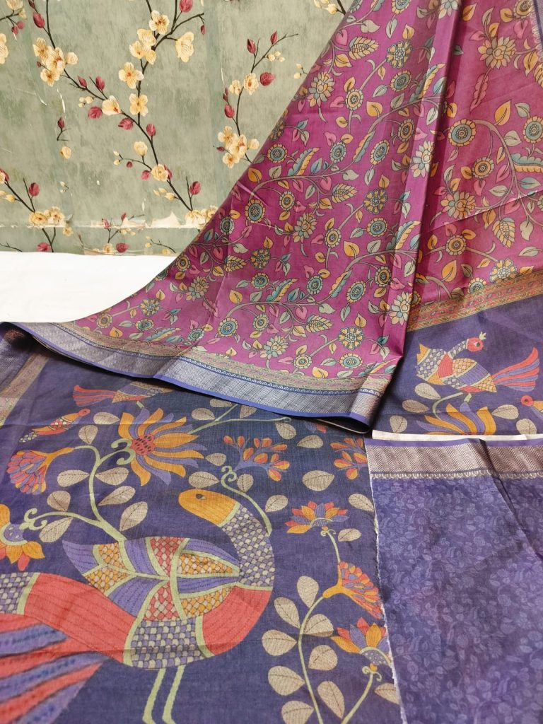 Beautiful Super  Dolla Silk Kalamkari Print & Zari Border Saree with attached BP