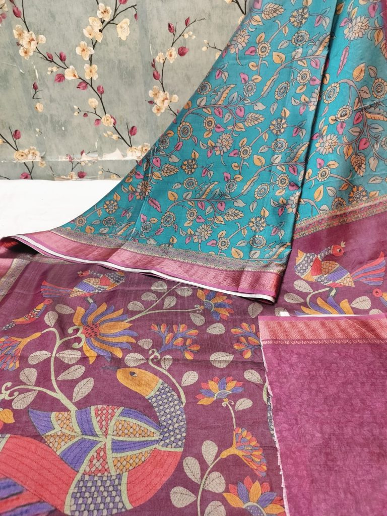Beautiful Super  Dolla Silk Kalamkari Print & Zari Border Saree with attached BP