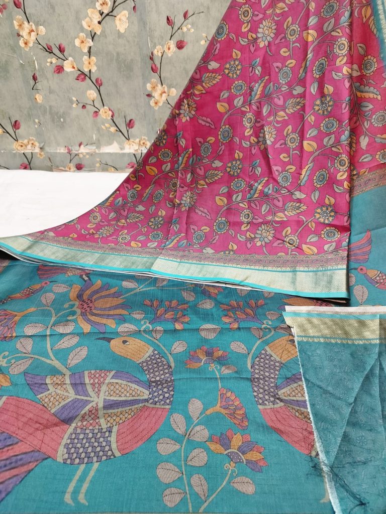 Beautiful Super  Dolla Silk Kalamkari Print & Zari Border Saree with attached BP