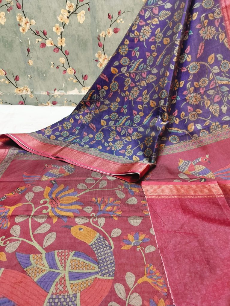 Beautiful Super  Dolla Silk Kalamkari Print & Zari Border Saree with attached BP