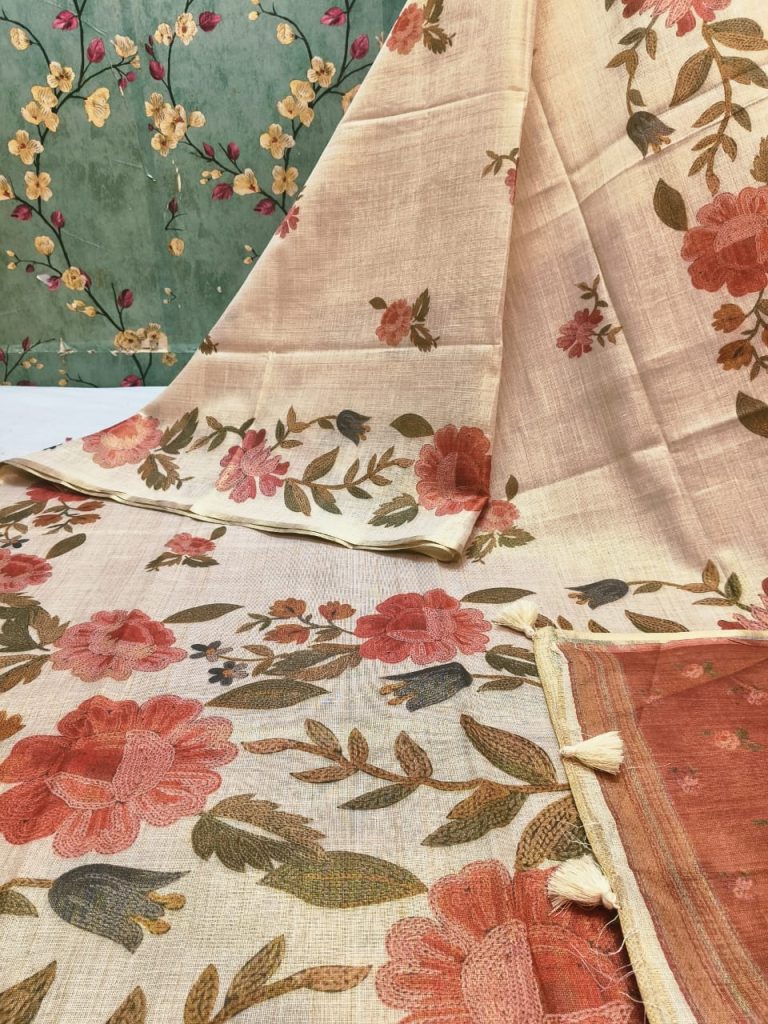 Beautiful Linen Silk Saree Digital Print In Whole Body & Attached BP