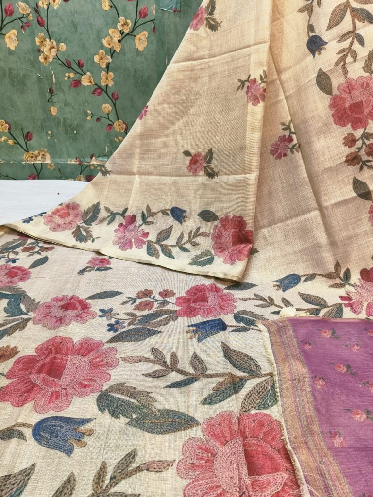 Beautiful Linen Silk Saree Digital Print In Whole Body & Attached BP