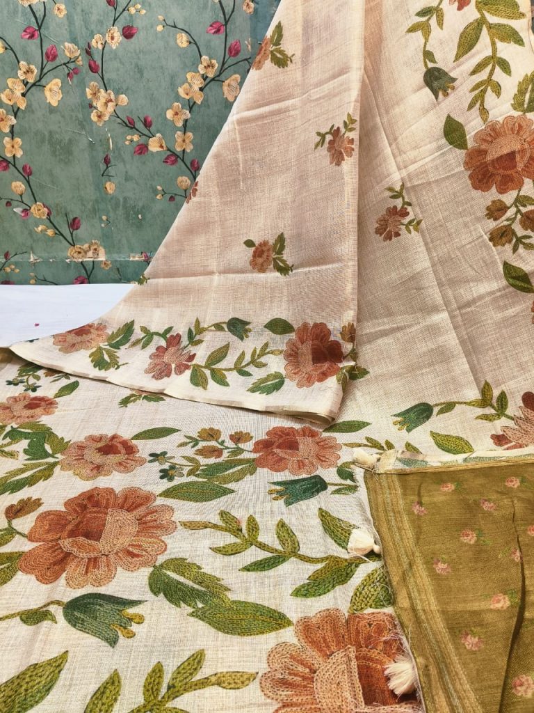 Beautiful Linen Silk Saree Digital Print In Whole Body & Attached BP