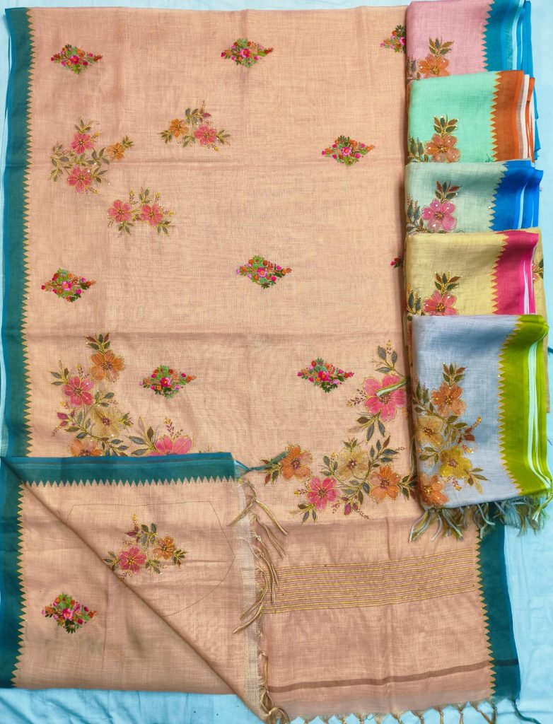 Exclusive Linen Hand  Embroidery Saree With Katha On Full Saree With Attached BP