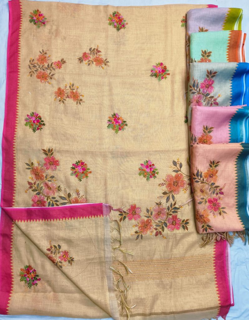 Exclusive Linen Hand  Embroidery Saree With Katha On Full Saree With Attached BP