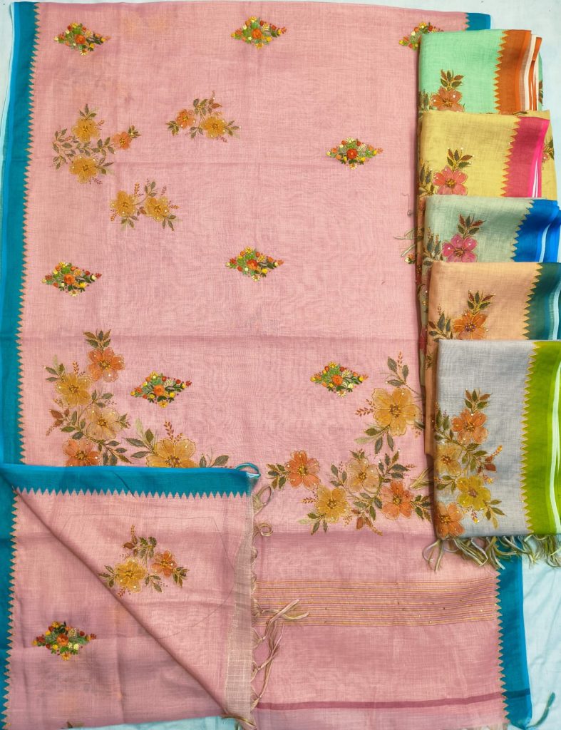 Exclusive Linen Hand  Embroidery Saree With Katha On Full Saree With Attached BP