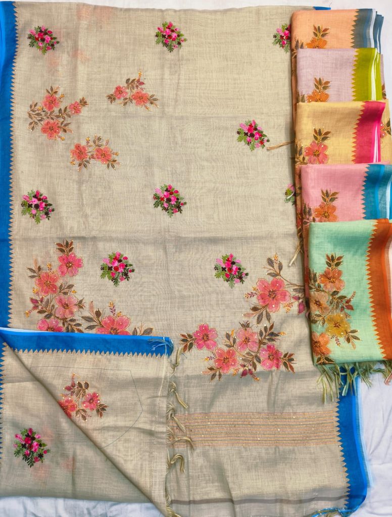 Exclusive Linen Hand  Embroidery Saree With Katha On Full Saree With Attached BP