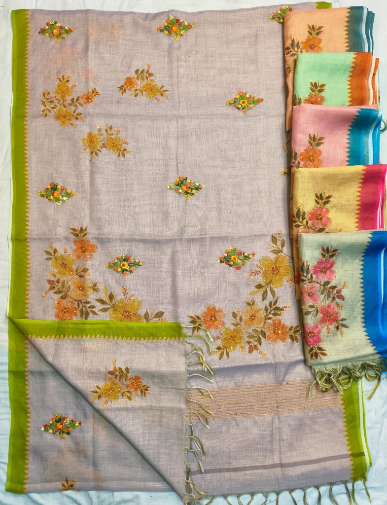 Exclusive Linen Hand  Embroidery Saree With Katha On Full Saree With Attached BP