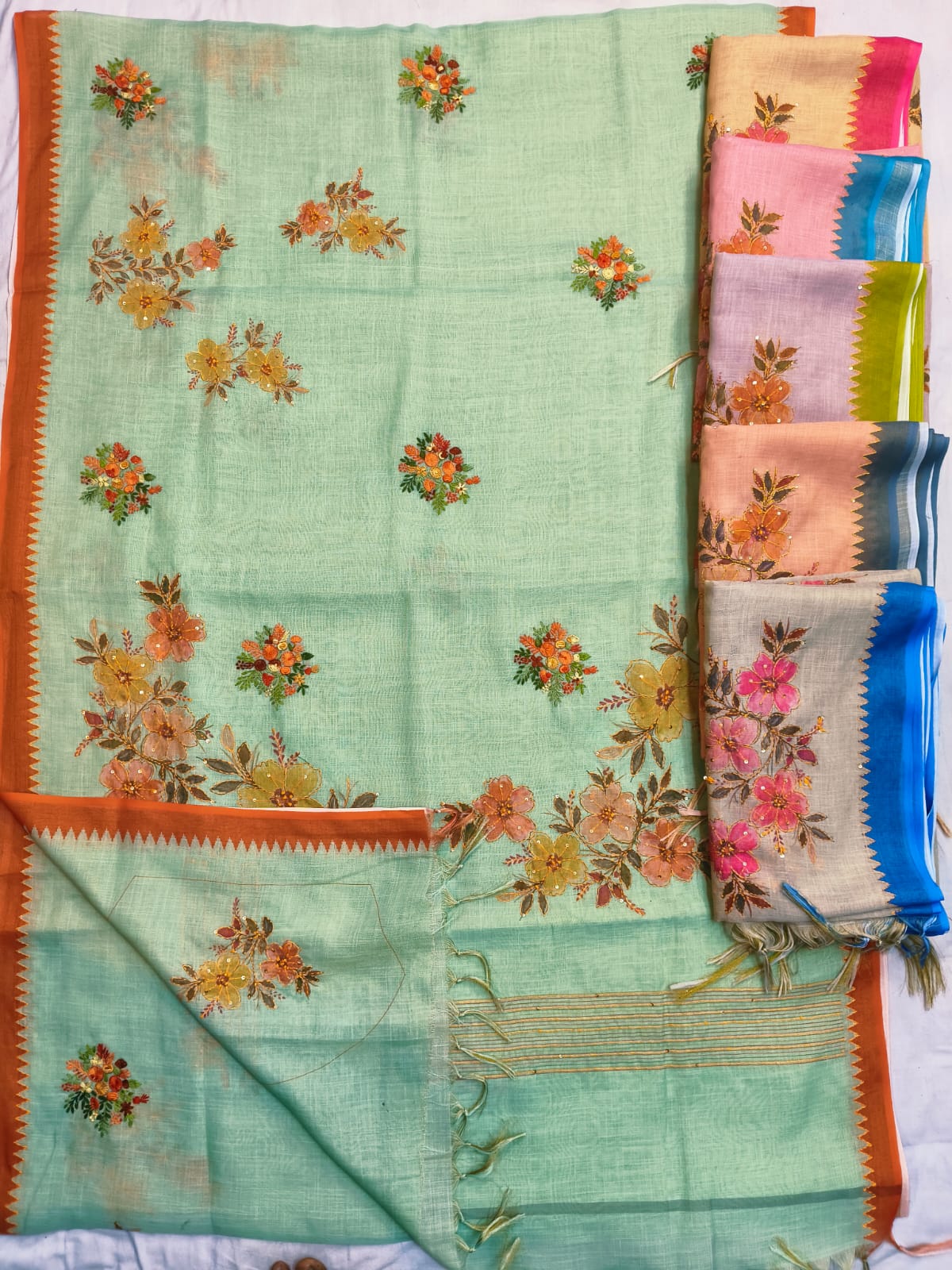 Exclusive Linen Hand  Embroidery Saree With Katha On Full Saree With Attached BP