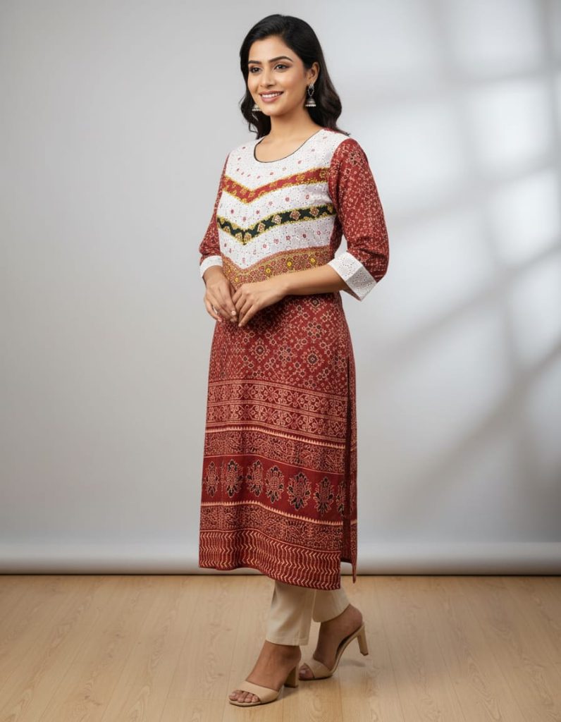 Pure Ajrakh Kurti with Hakoba Patch Work Design