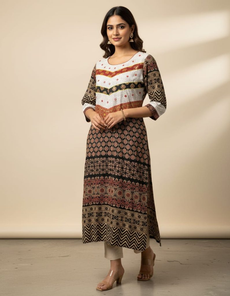 Pure Ajrakh Kurti with Hakoba Patch Work Design