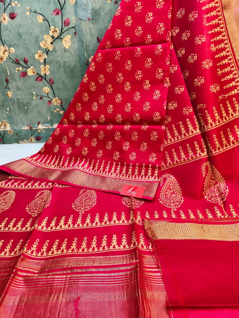Beautiful Dola Silk Hand Block Sarees With Attached BP