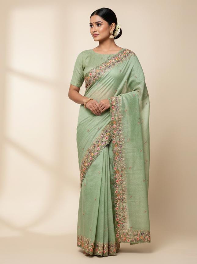 Beautiful Kota Silk Full Embroidery Saree With Cutwork Border & Pallu Attached BP