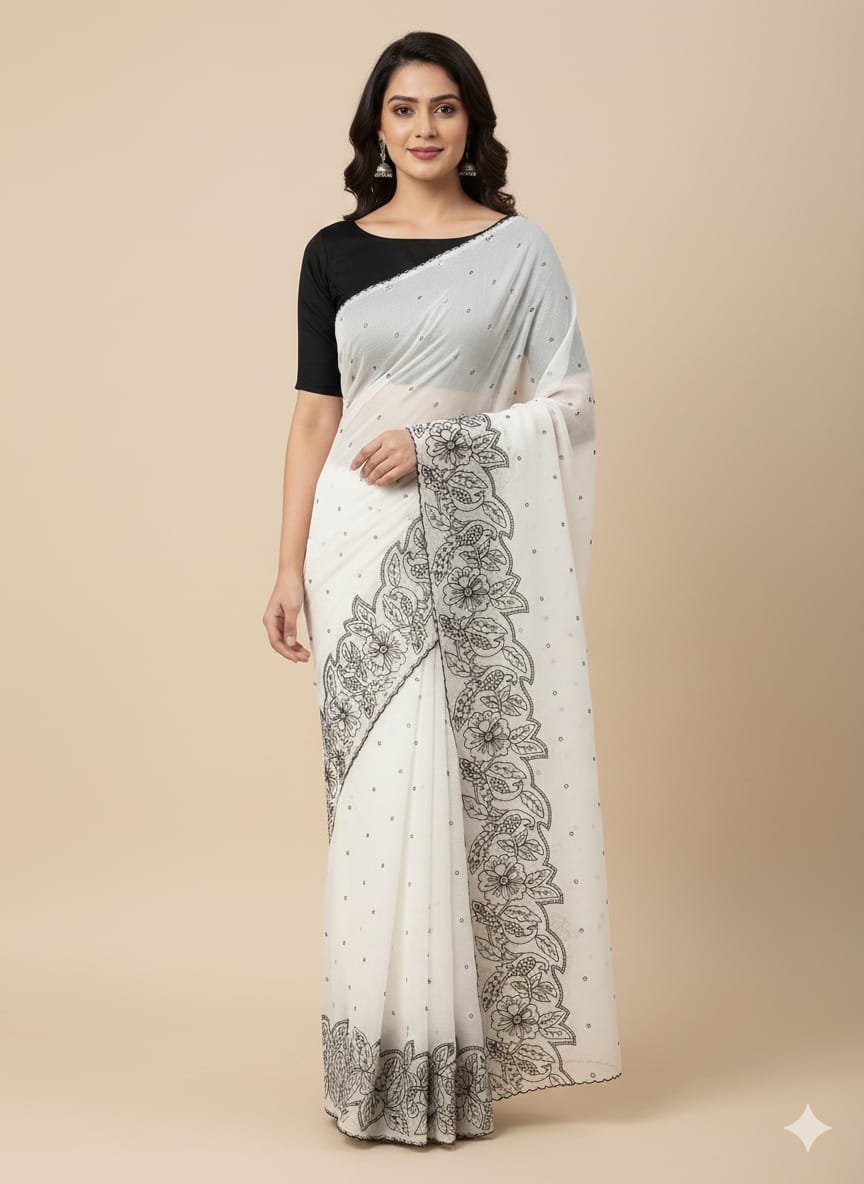 Beautiful Kota Silk Saree Full Embroidery On  Border & Pallu With Attached BP