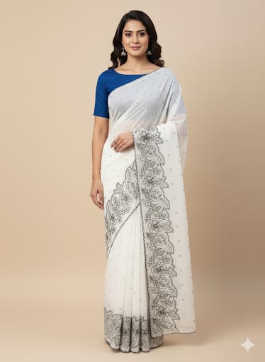 Beautiful Kota Silk Saree Full Embroidery On  Border & Pallu With Attached BP