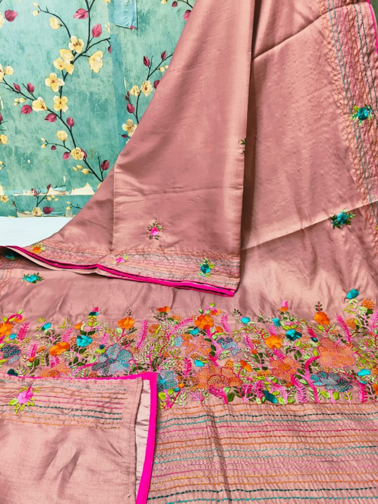 Beautiful Dupion Silk Hand Embroidery With Elegance Pallu & Border Attached Embroidered BP