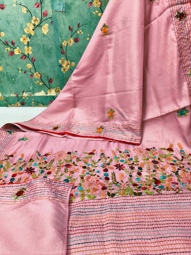 Beautiful Dupion Silk Hand Embroidery With Elegance Pallu & Border Attached Embroidered BP