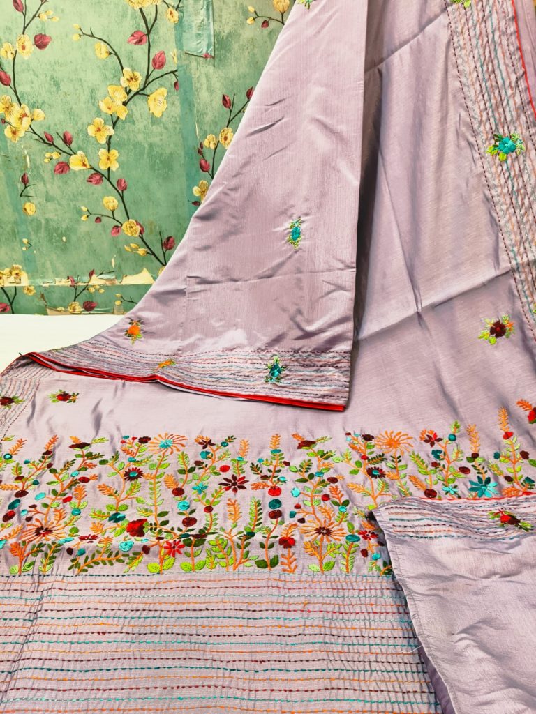 Beautiful Dupion Silk Hand Embroidery With Elegance Pallu & Border Attached Embroidered BP