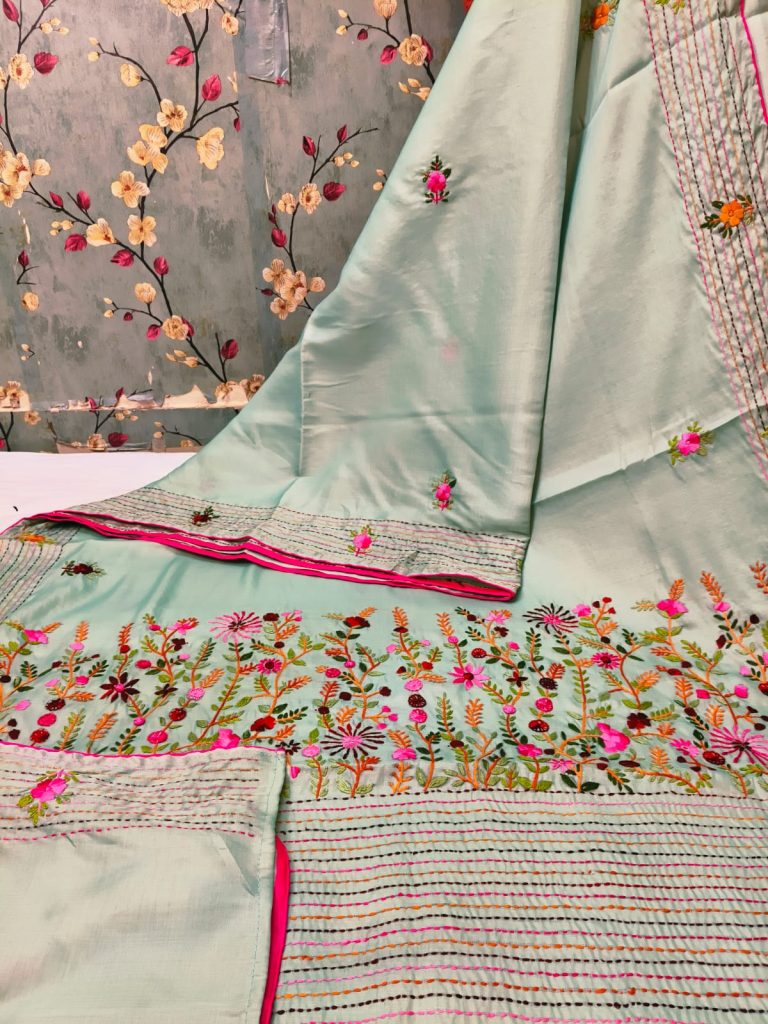Beautiful Dupion Silk Hand Embroidery With Elegance Pallu & Border Attached Embroidered BP