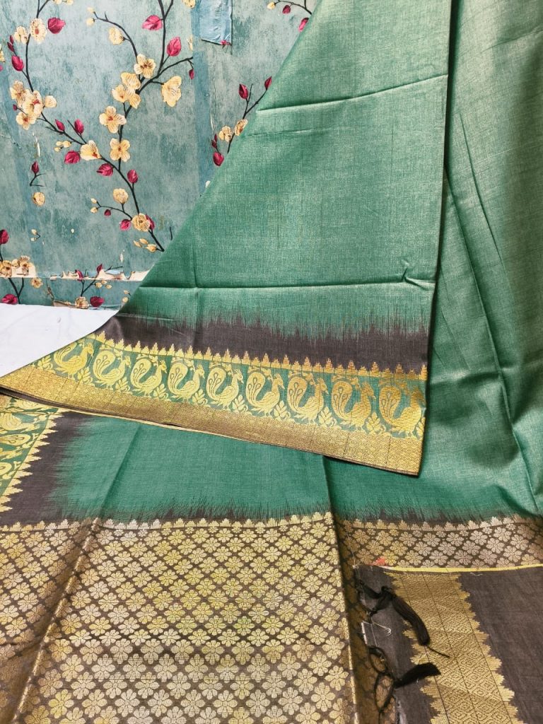 Beautiful  Tusser silk saree with  exclusive kanziwaram border and contrast bp