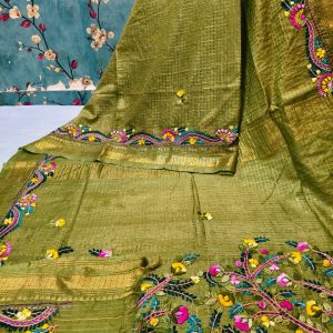 Beautiful Mangalagiri checks Hand embroidery saree with attached BP