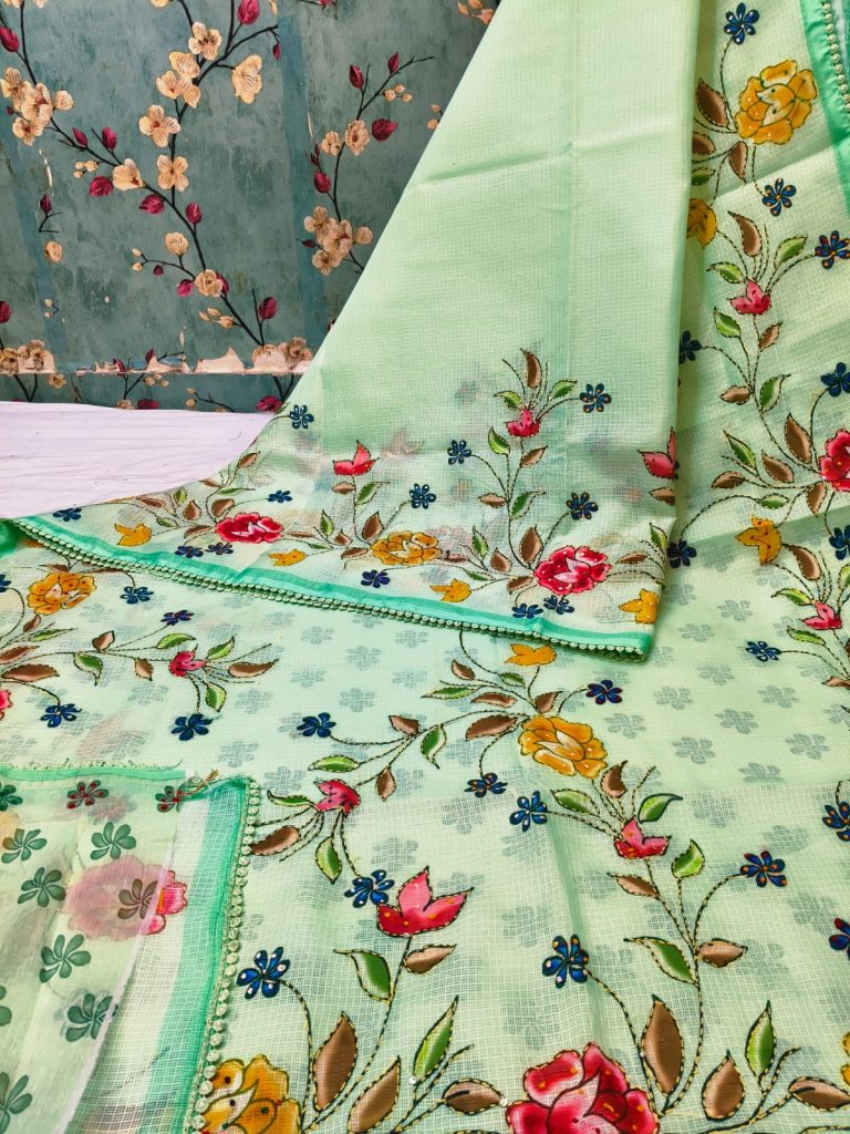 Exclusive kota silk saree with katha on full saree and  attached BP