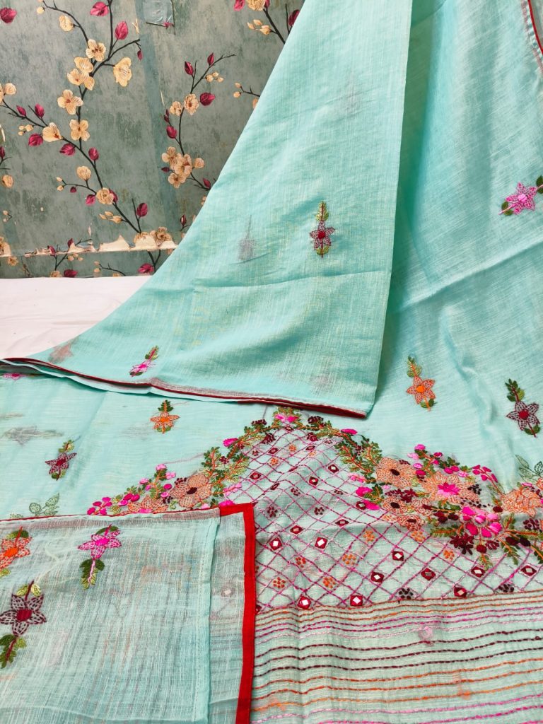 Beautiful linen silk sarees with elegance pallu  Hand embroidery  attached BP