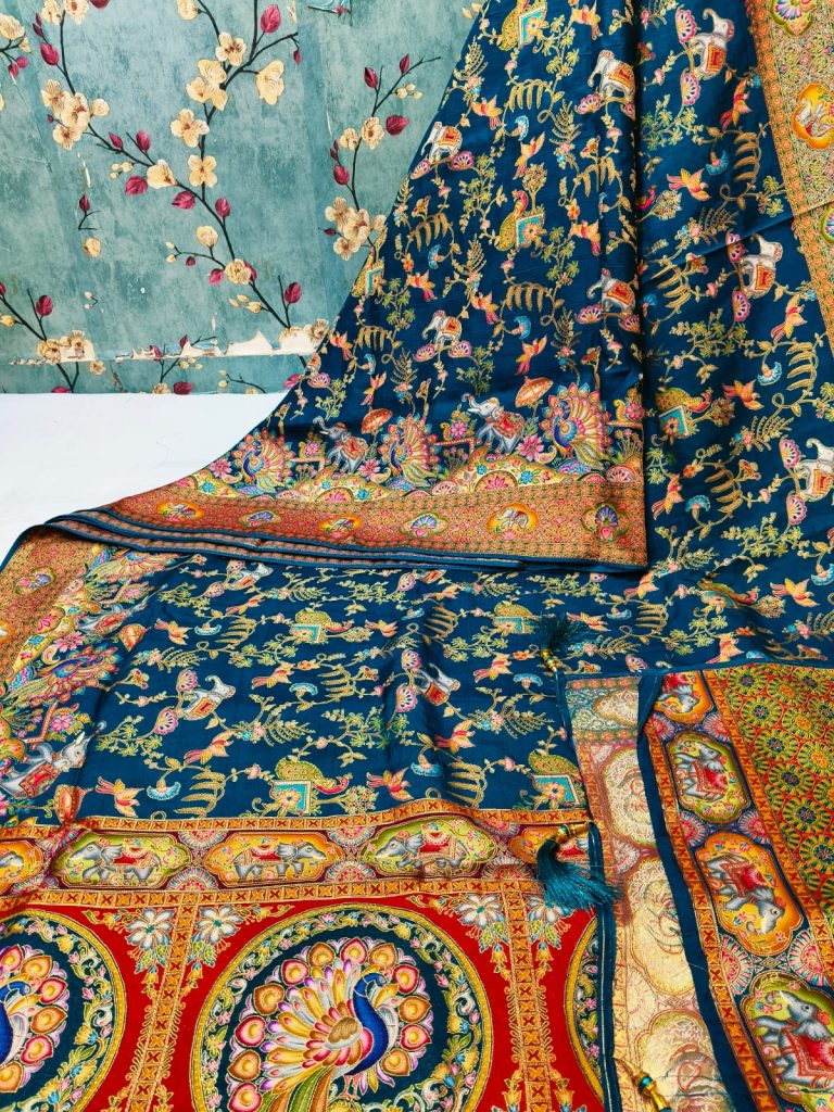 Exclusive  Pure viscose  Pasmina position Print weaving design  with  rich Pallu with attached BP