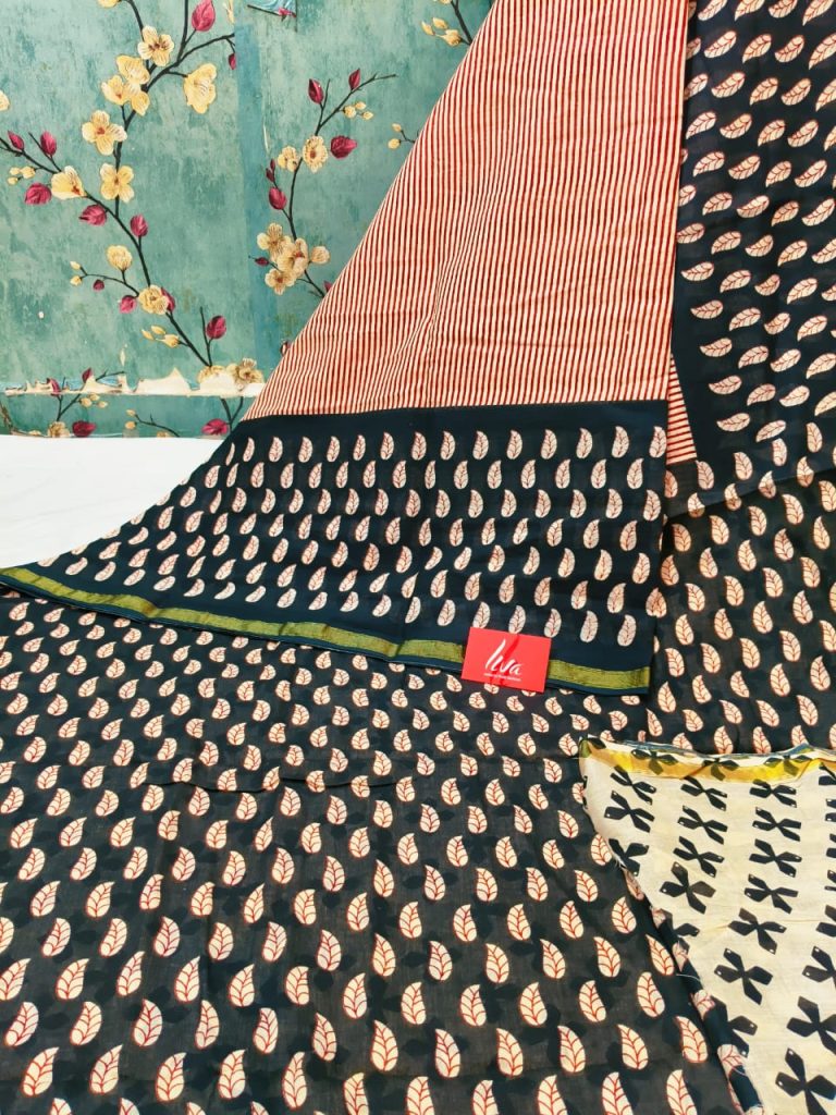 Beautiful Chanderi cotton ajrak  print Liva Yarn with attached BP