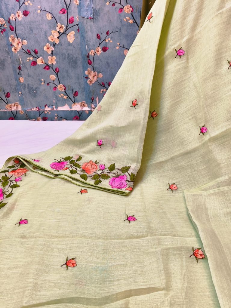 Exclusive Linen Embroidery on full saree with attached BP