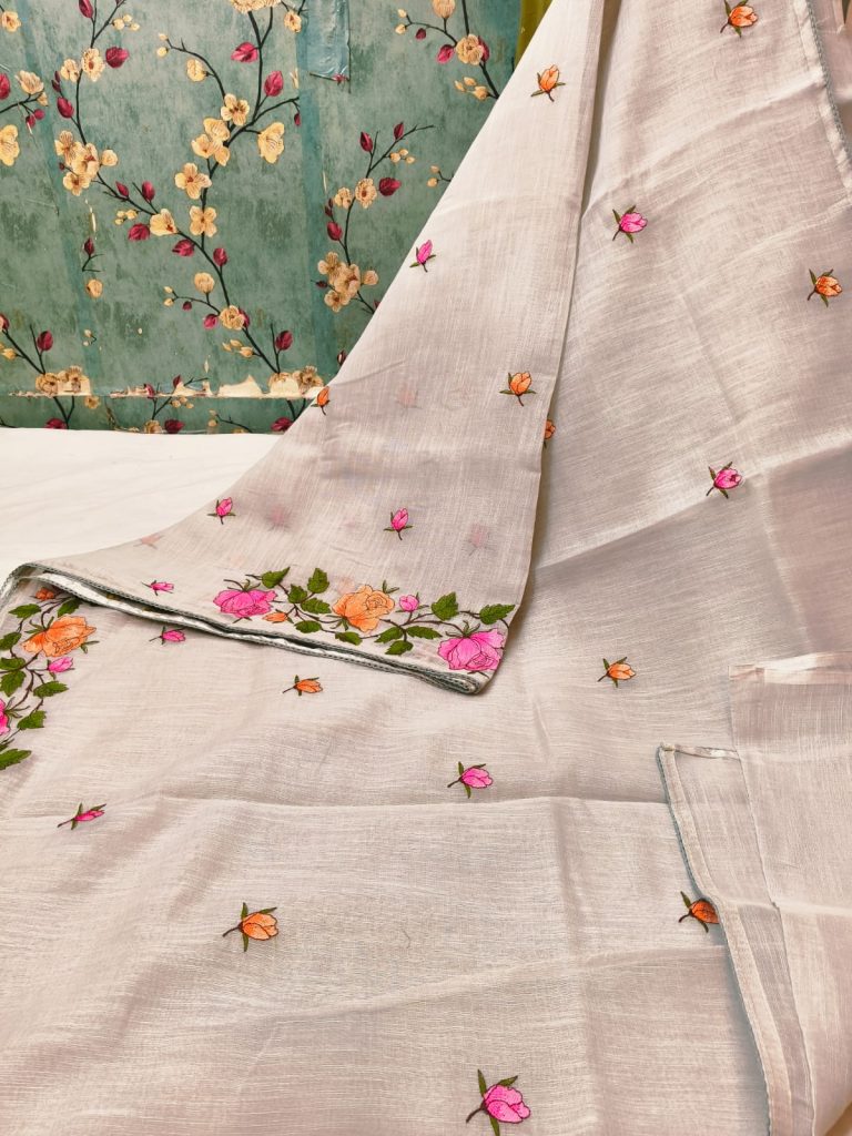 Exclusive Linen Embroidery on full saree with attached BP