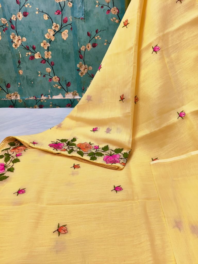 Exclusive Linen Embroidery on full saree with attached BP