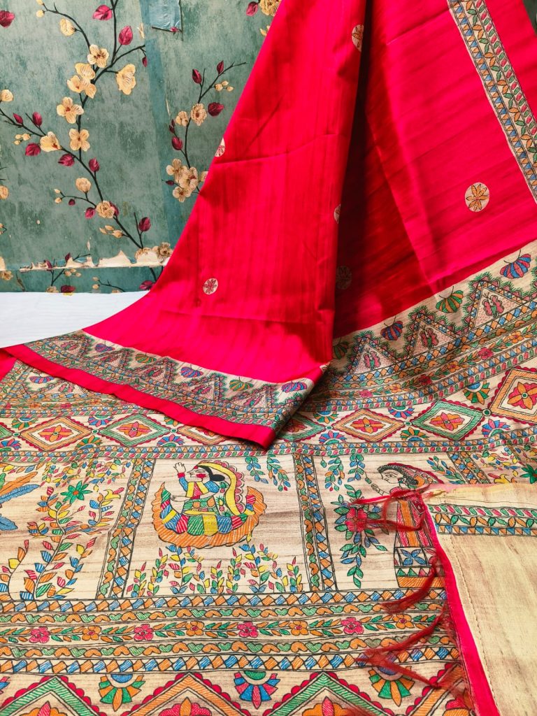 Beautiful Semi tushar Madhubani Printed saree with  attached BP