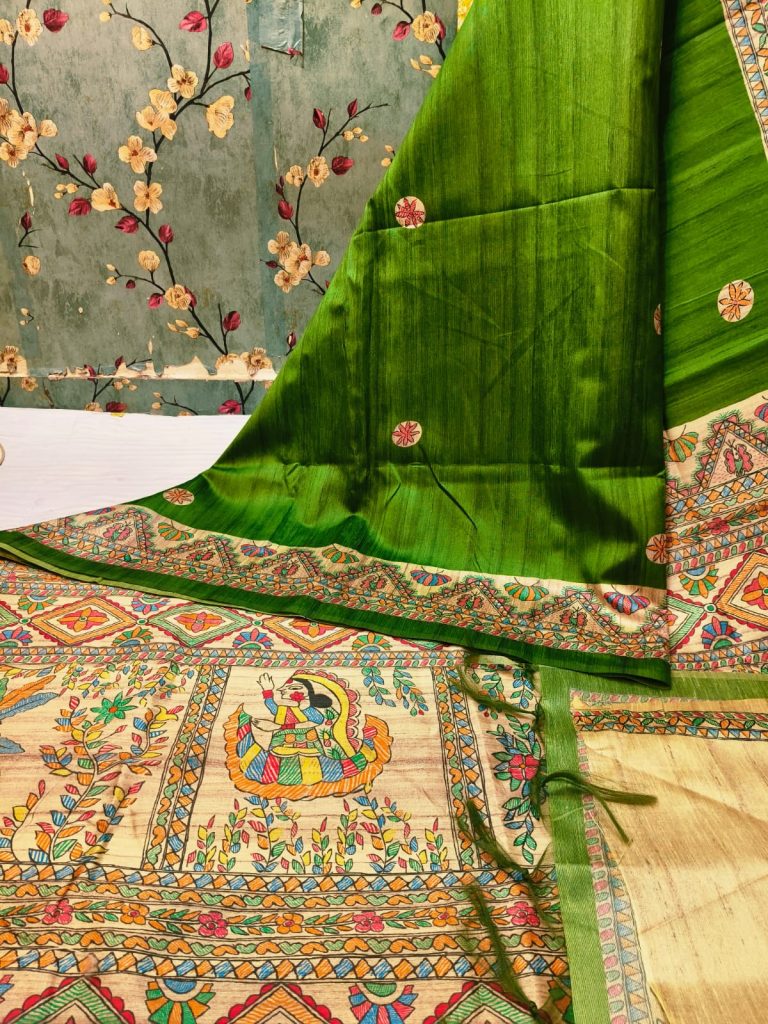 Beautiful Semi tushar Madhubani Printed saree with  attached BP