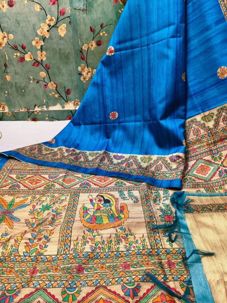 Beautiful Semi tushar Madhubani Printed saree with  attached BP