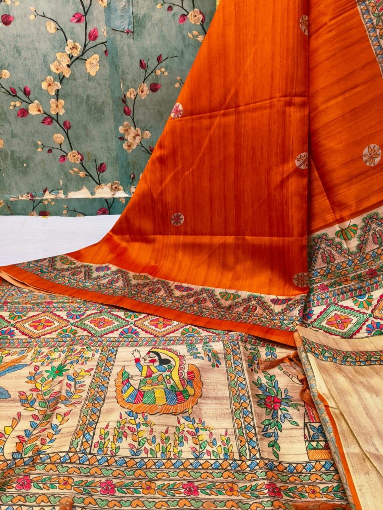 Beautiful Semi tushar Madhubani Printed saree with  attached BP