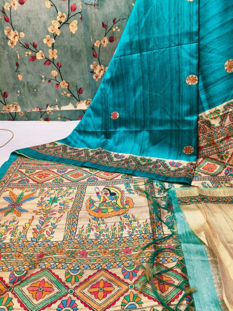 Beautiful Semi tushar Madhubani Printed saree with  attached BP