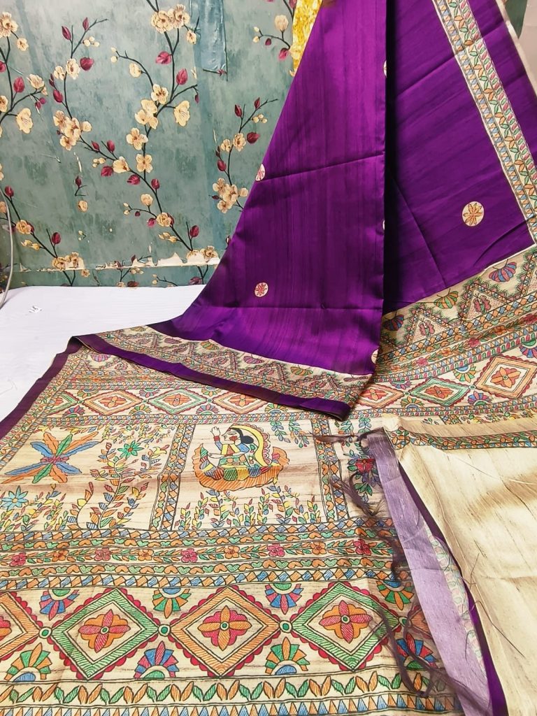 Beautiful Semi tushar Madhubani Printed saree with  attached BP